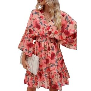 NEW‎ Peach Floral Size Small Bell Sleeve Smocked Waist Mini Dress Women's